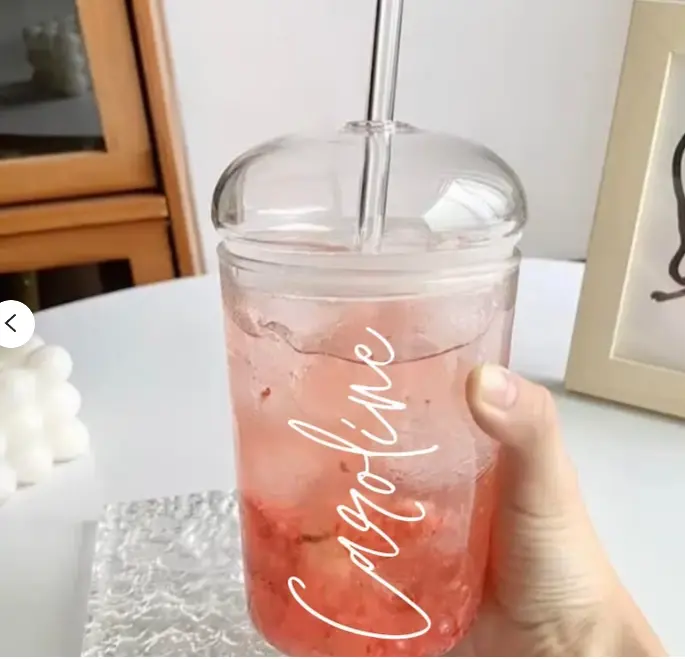 Personalised glass dome cup with lid and straw.