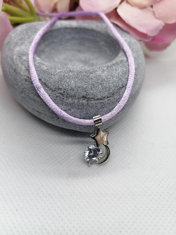 Sparkling Sun and Moon Necklace on Lilac Silk Cord for Women 1