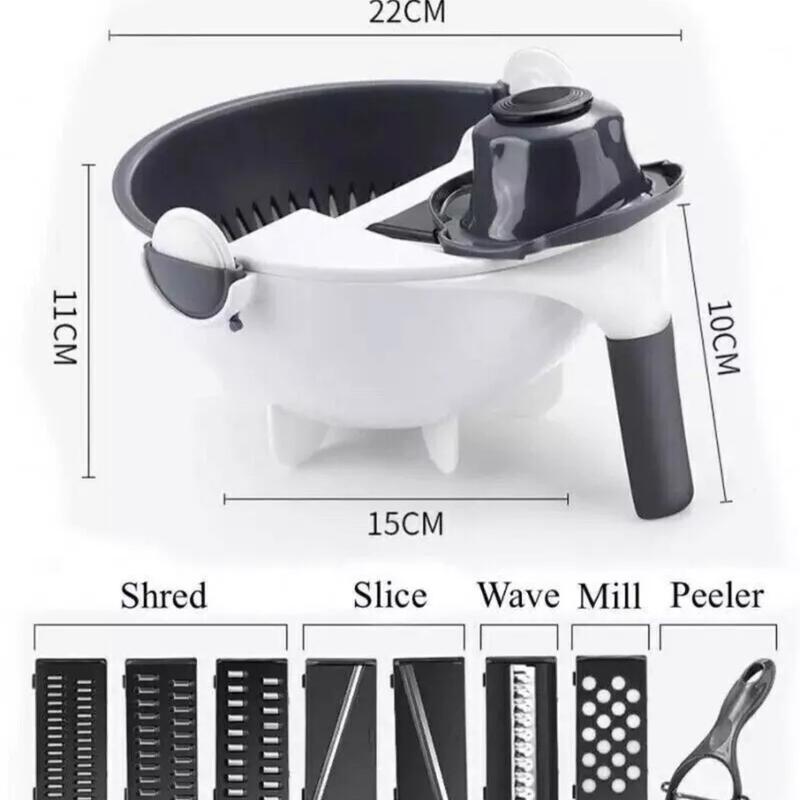 9 IN 1 Kitchen Slicer Vegetable Cutter Assist Potato Onion Carrot Grater Chopper Cover Utensils Detachable Basket Rotating Thick Handheld multicoloured sharp 5