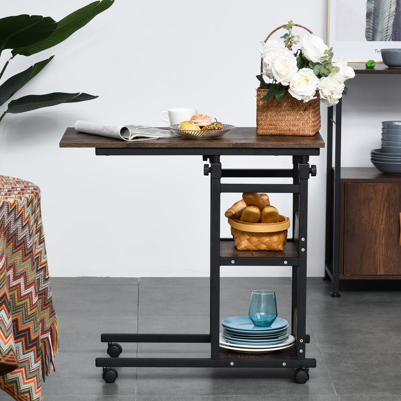 C-Shaped Mobile Sofa Bed Side Table Adjust Height 3-Tier Cart w/ Casters, Brake 3