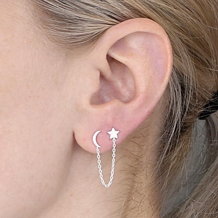 Sterling Silver Star & Moon Chain Studs with Cubic Zirconia - Gold Or Silver 2