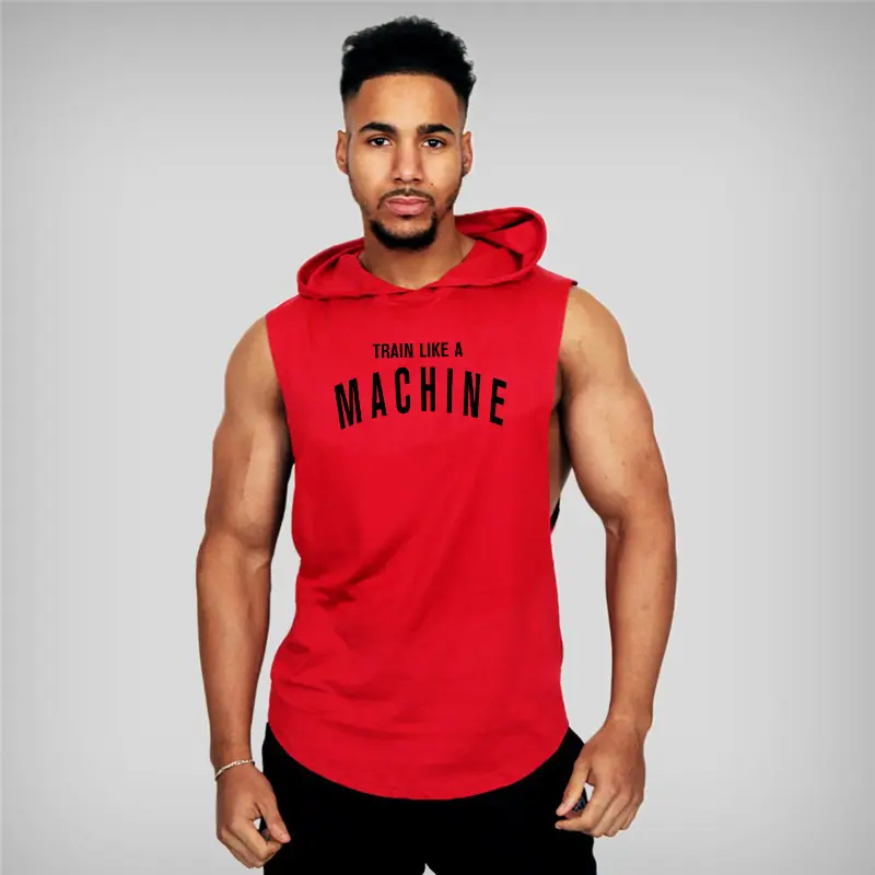 Men Casual Gym Bodybuilding Cotton Tank Tops Fashion Print Hooded Sleeveless Breathable Summer Absorb Sweat Cool Feeling T-shirt