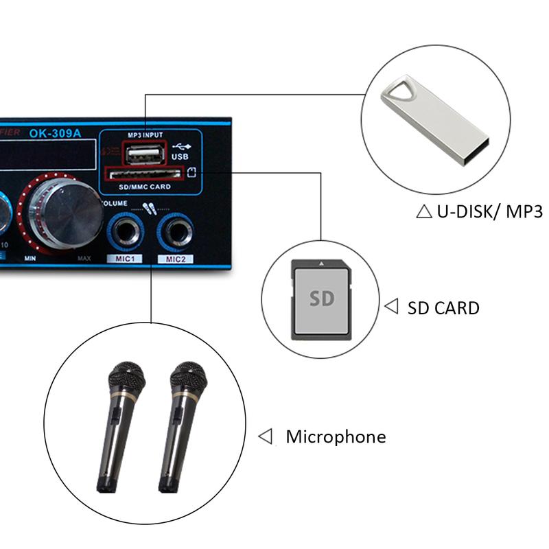 Product Introduction of 800W BT-309A Bluetooth Amplifiers HIFI USB FM Radio Car Audio Amplificador De Audio Subwoofer 12/220V HIFI 2 CH Home Theater Amp Connection Durable 38