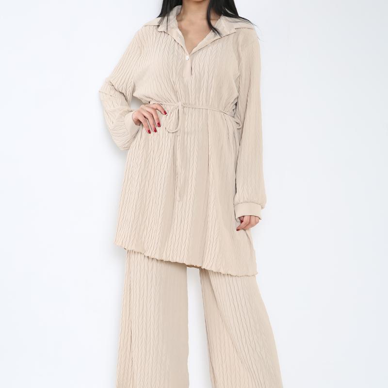 Two Piece Coord Pleated Set - Collared 3 Buttons Full Pleated Set 4