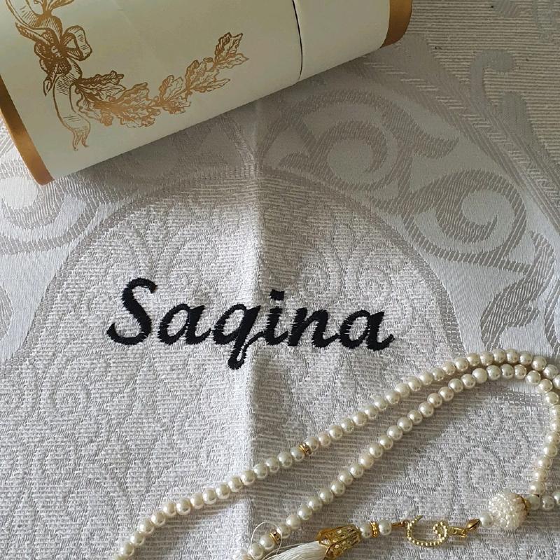 Personalising Travel Prayer mat 69x120cm with pearl Tashbih and Cream color paper box comes with. personalised prayermat 2