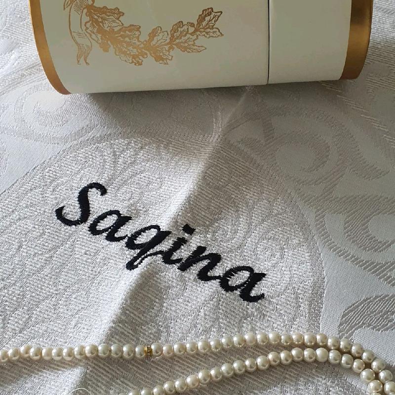 Personalising Travel Prayer mat 69x120cm with pearl Tashbih and Cream color paper box comes with. personalised prayermat 1