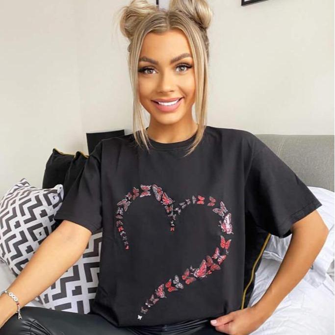 Women's Oversized Love Heart Butterfly Print T-Shirt Ladies Shortsleeve Round Neck T-Shirt Tee Top 5