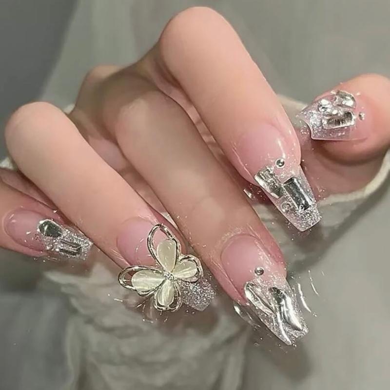 24pcs Long Coffin 3D Rhinestone Decor Fake Nail & 1pc Nail File & 1sheet Tape Nail Art Nail Care Nail Polish Polish Daily Gel Gift Halloween Nail Glue Salon 2