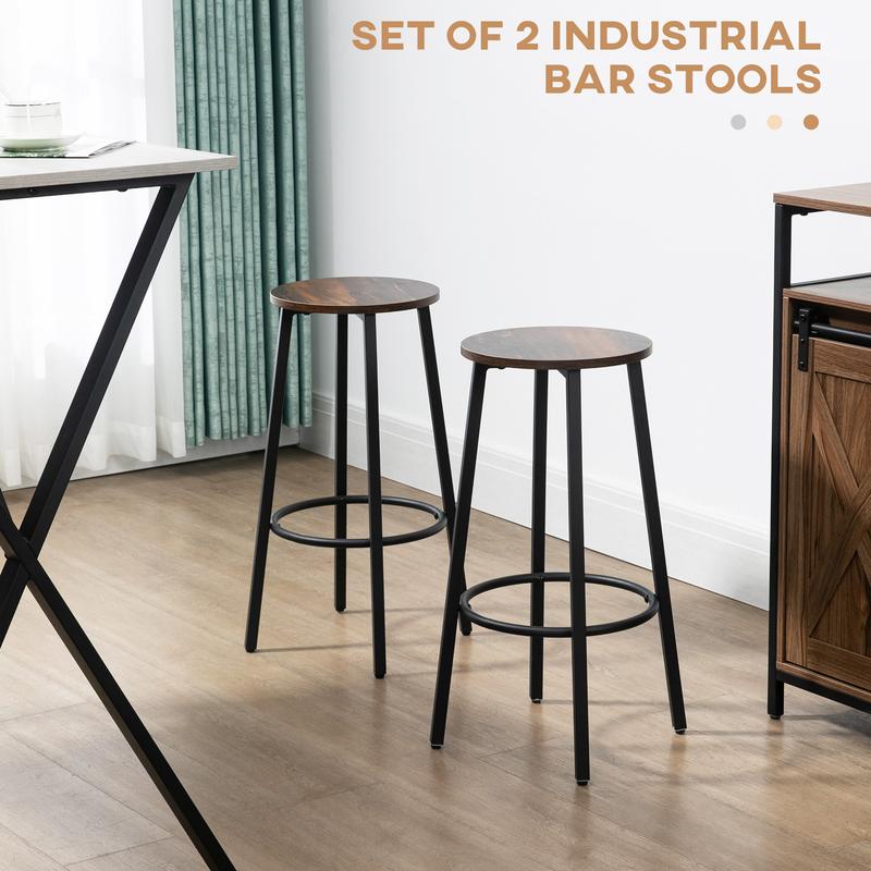 HOMCOM Bar Stools Set of 2, Industrial Breakfast Bar Stools with Round Footrest and Steel Legs for Dining Room, Kitchen, Rustic Brown 3