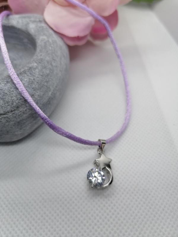Sparkling Sun and Moon Necklace on Lilac Silk Cord for Women 2