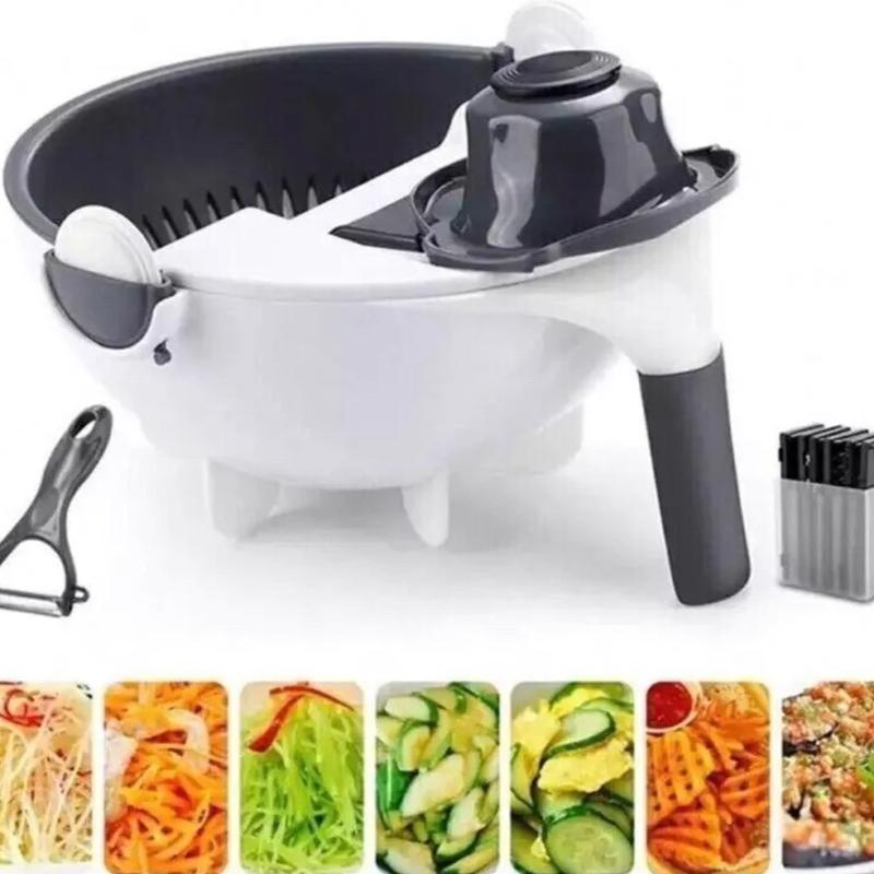 9 IN 1 Kitchen Slicer Vegetable Cutter Assist Potato Onion Carrot Grater Chopper Cover Utensils Detachable Basket Rotating Thick Handheld multicoloured sharp 3