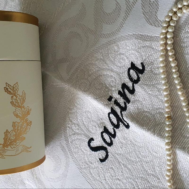 Personalising Travel Prayer mat 69x120cm with pearl Tashbih and Cream color paper box comes with. personalised prayermat 3