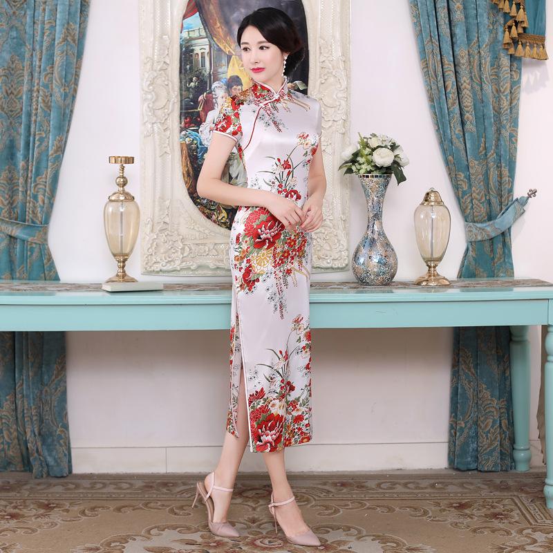 Qipao Váy Sườn Xám Dài Quốc Gia Trung Quốc Cho Nữ, Váy Hoa Cổ Điển 2
