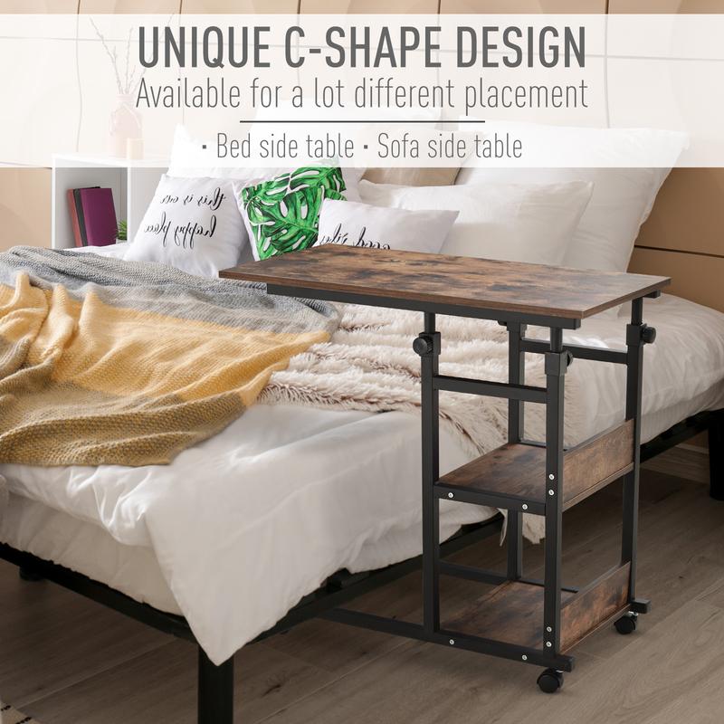 C-Shaped Mobile Sofa Bed Side Table Adjust Height 3-Tier Cart w/ Casters, Brake 4