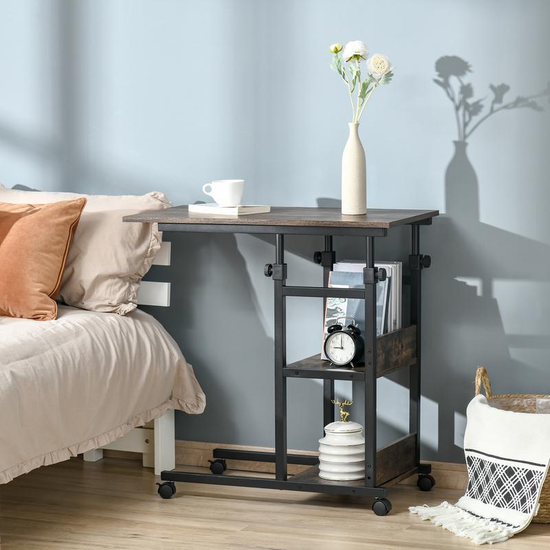 C-Shaped Mobile Sofa Bed Side Table Adjust Height 3-Tier Cart w/ Casters, Brake 1