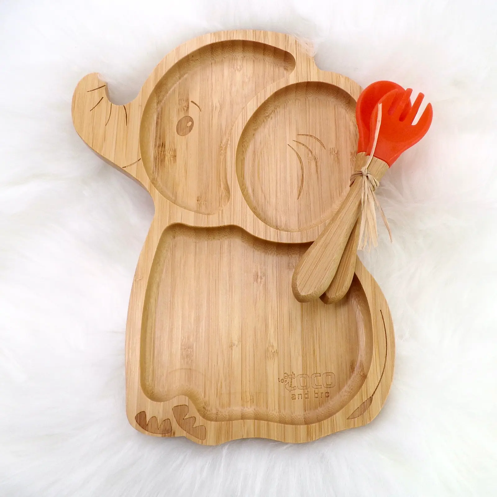 Ella Elephant Bamboo Weaning Plate with 3 Compartments, Matching Fork and Spoon, Perfect for Introducing Flavours - Baby Utensils
