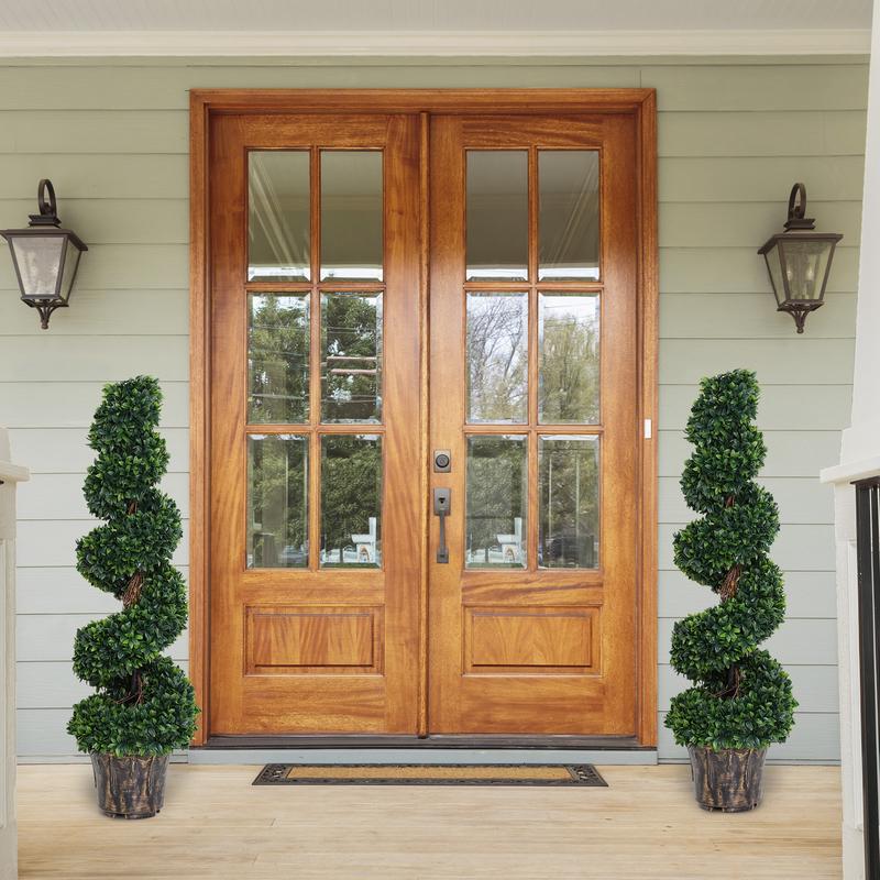 Outsunny Set of 2 Artificial Boxwood Spiral Topiary Trees Potted Decorative Plant Outdoor and Indoor Décor 112cm 1