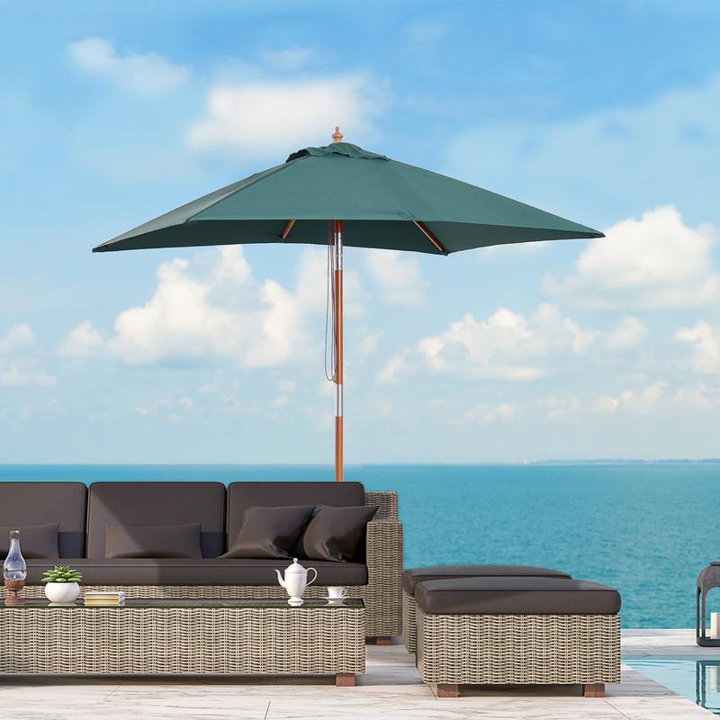 Outsunny 2m x 1.5m Patio Parasol Garden Umbrellas Sun Umbrella Bamboo Sunshade Canopy Outdoor Backyard Furniture Fir Wooden Pole 6 Ribs Tilt Mechanism - Green 1