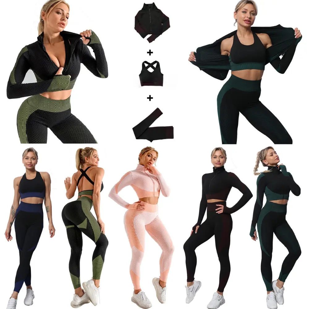 Female Three-Piece Active Yoga Suit Wear Set Fitness Sportwear long-sleeve full-length zip crop top sleeveless sports bra high waist leggings Quick Dry Breathable Comfortable Woman Set - UK SELLER