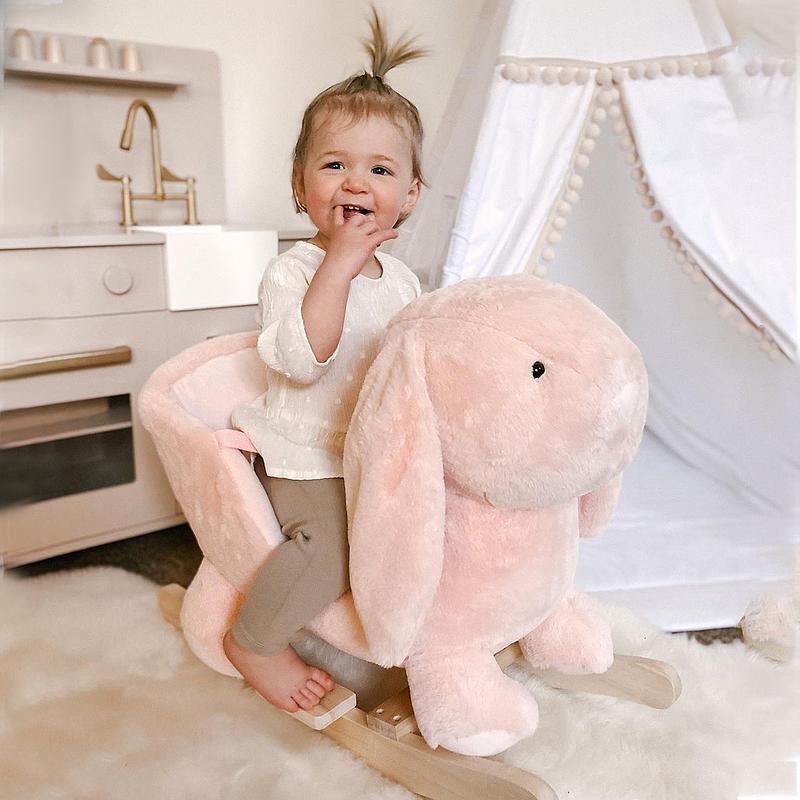 HOMCOM Kids Children Rocking Horse Plush Ride On Rabbit Seat w/ Sound Wood Base Seat Safety Belt Toddler Baby Toy Rocker Pink 18 - 36 Months 1