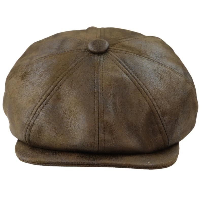 Men's 8 Panel Razor Baker Boy Hat PU Leather Blinders Newsboy Flat Cap Black Brown 0