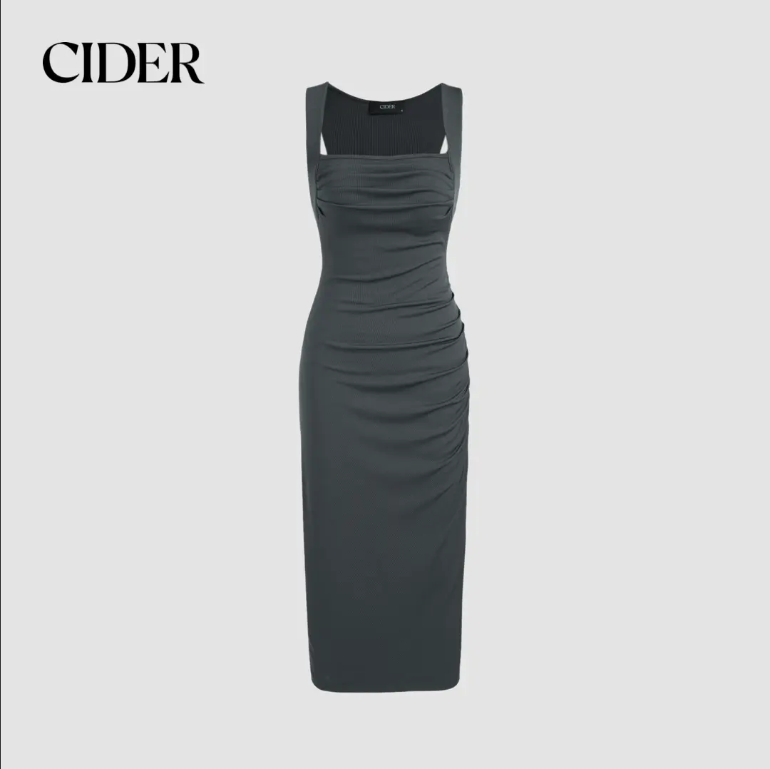[3 colours, UK size 4-16] Square Neck Ruched Sleeveless Midi Dress