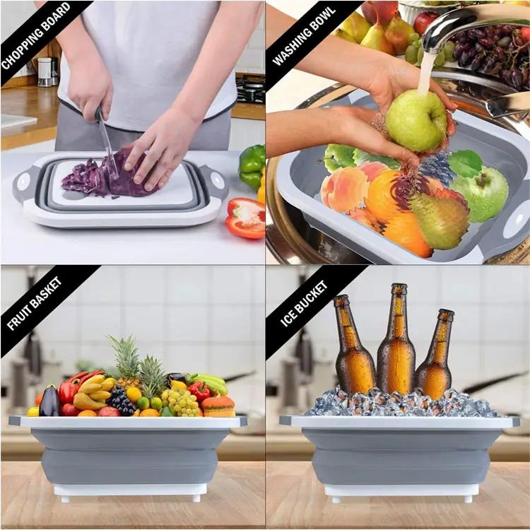 3in1 Collapsible basin         cutting board, drain basin, Space Saver,Ideal for Caravan Camper, Kitchen Basket Plastic Fruit Silicone Utensils Bpa Meat 5