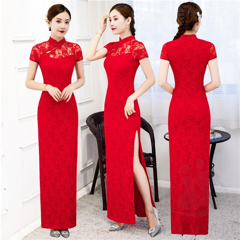 Váy sườn xám dài tay ngắn, trang phục cổ điển, váy thanh lịch, S đến 5XL, đen và đỏ 2