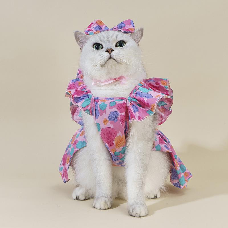Product Introduction of Pet Dress Floral Pattern Pleated Hemming Windproof Pet Vest Puppy Flying Sleeve Clothes for Spring 40