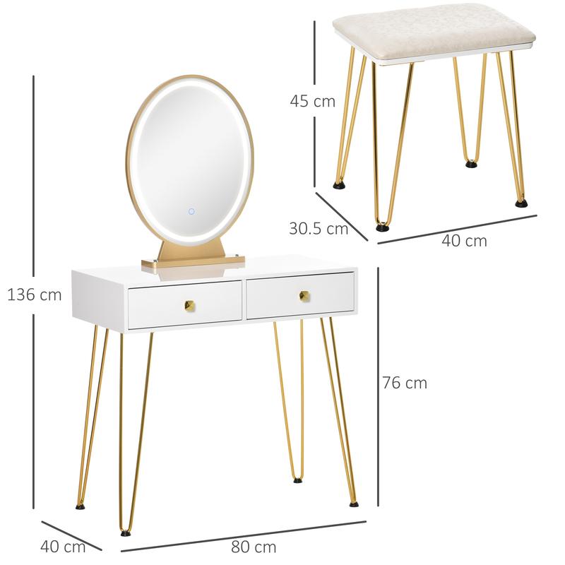HOMCOM Dressing Table Set with LED Light, Round Mirror, Vanity Makeup Table with 2 Drawers and Cushioned Stool for Bedroom, White 2