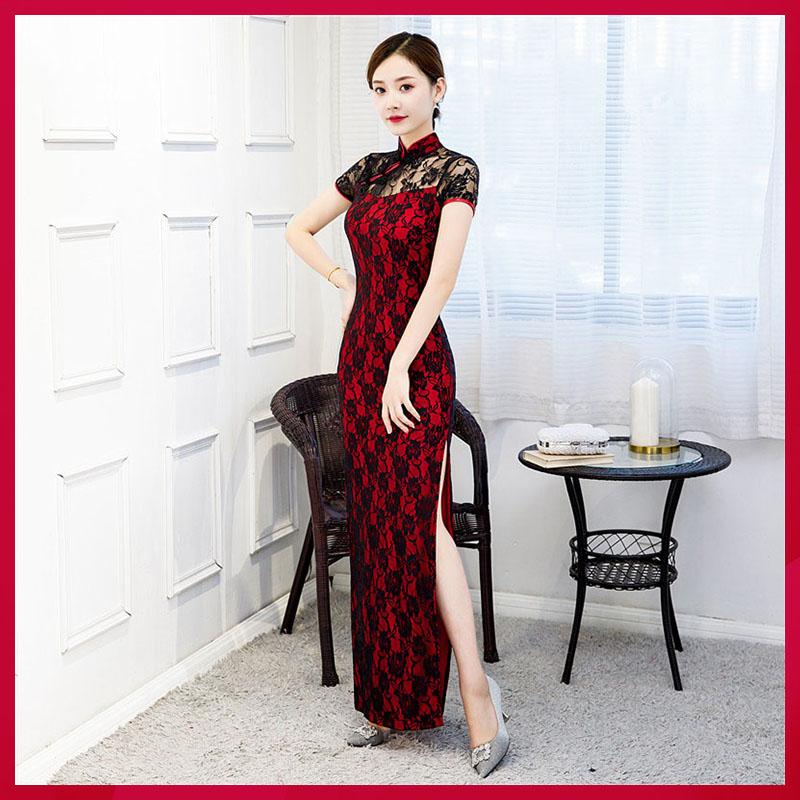 Váy sườn xám dài tay ngắn, trang phục cổ điển, váy thanh lịch, S đến 5XL, đen và đỏ
