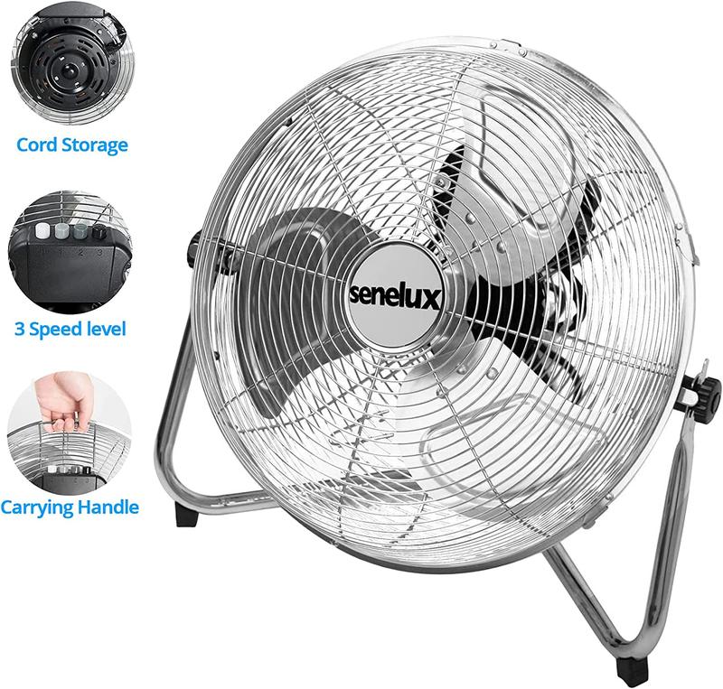 Senelux Floor Fan - Chrome Gym Fan - Electric Portable Cooling Fan for Home/Gym/Office Use - 3 Speed Settings with Tilting Feature - High Velocity Cold Air Circulator 3