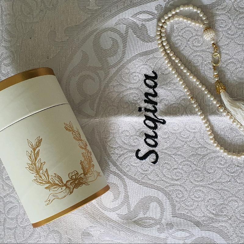 Personalising Travel Prayer mat 69x120cm with pearl Tashbih and Cream color paper box comes with. personalised prayermat 8