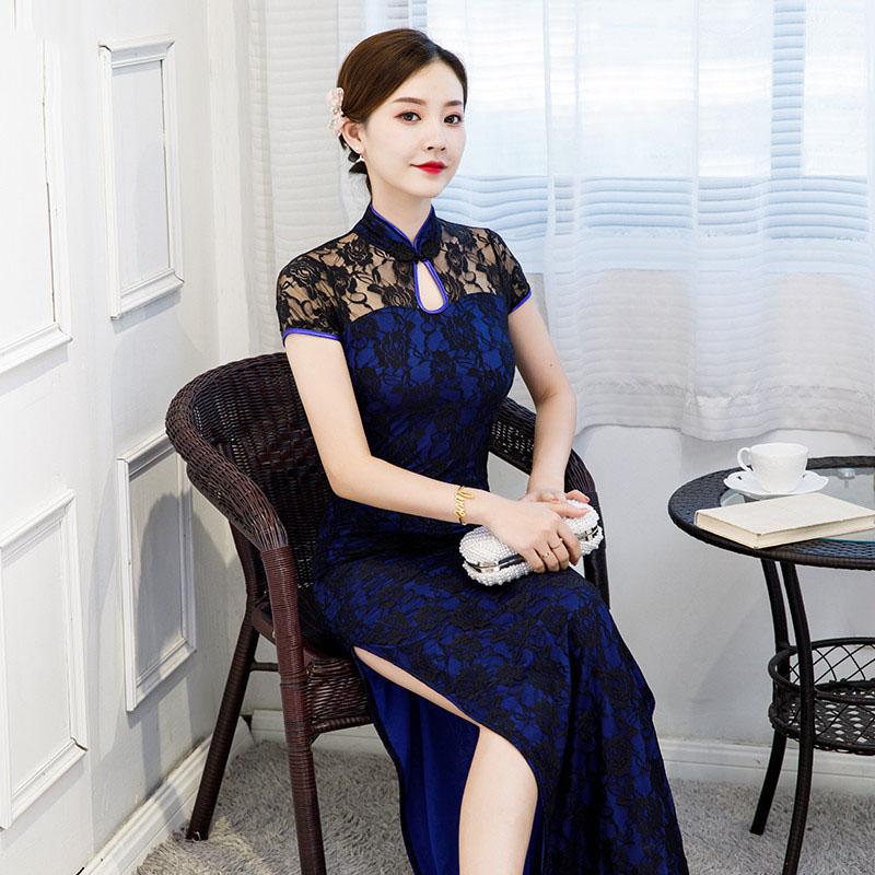 Váy sườn xám dài tay ngắn, trang phục cổ điển, váy thanh lịch, S đến 5XL, đen và đỏ 3