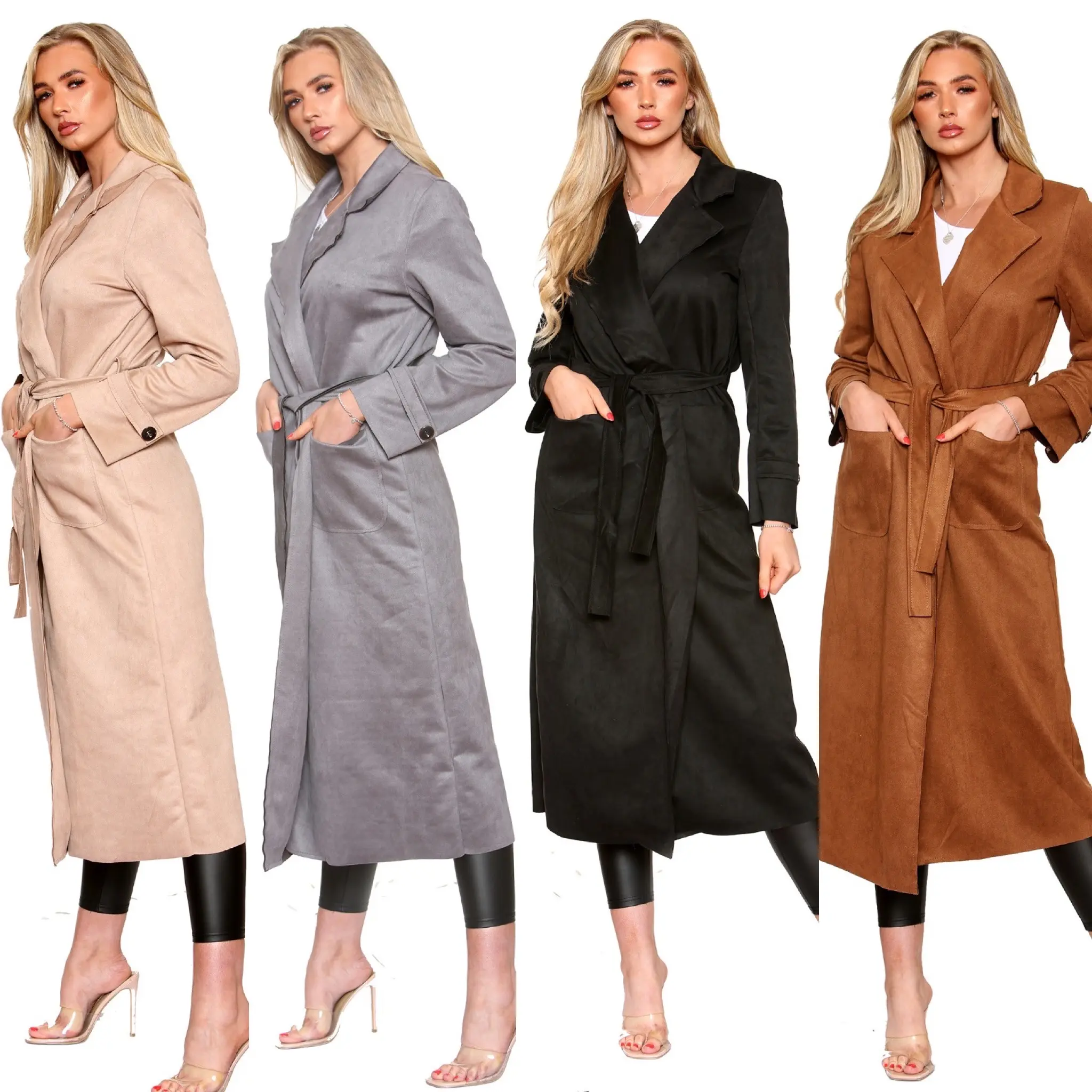 Women Belted Wind Suede Jacket Outdoor Ladies Trench Coat Lady Overcoat