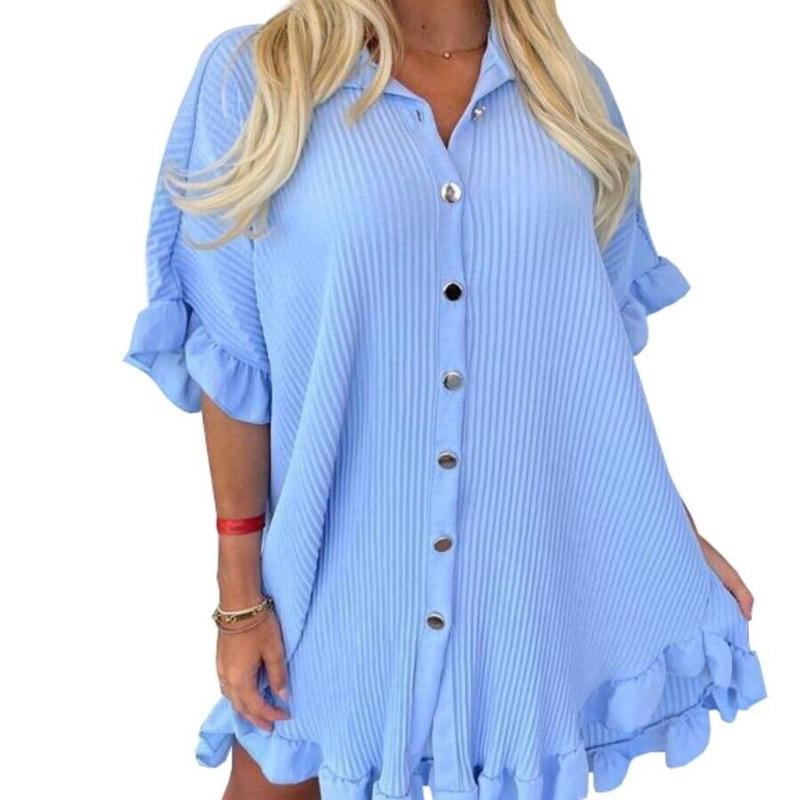 Women's Ladies Gold Button Crinkle Pleated Frill Summer Shirt Swing Smock Dress 7