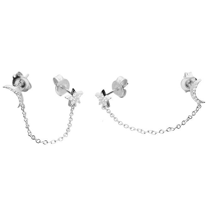 Sterling Silver Star & Moon Chain Studs with Cubic Zirconia - Gold Or Silver 1