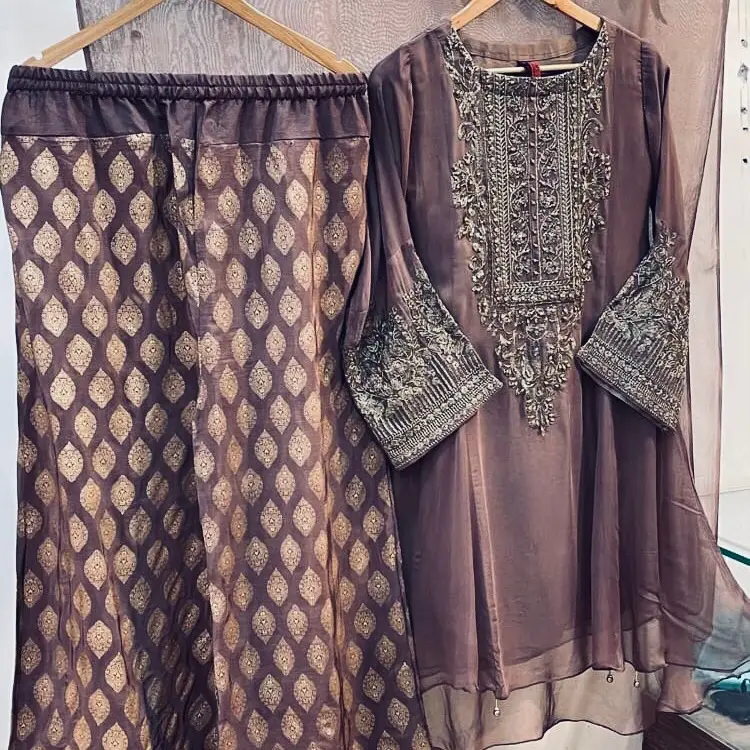NC3 Naina Chiffon partywear short dress with palazzo pants and chiffon dupatta Silk Lightweight Elegant Embroidered Suit Light Womenswear