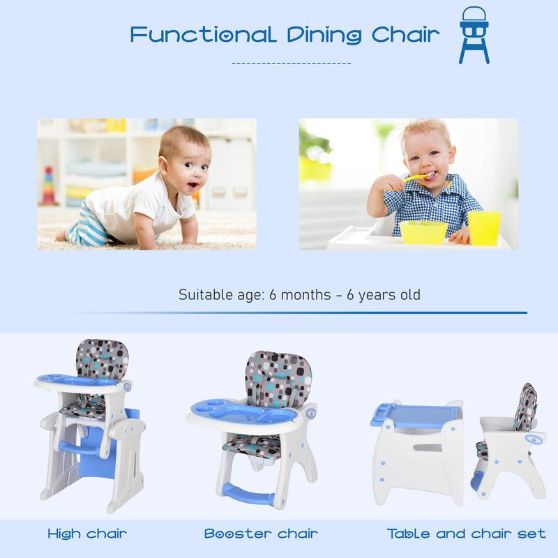 HOMCOM 3 in 1 Convertible Baby High Chair Toddler Table Chair Infant Feeding Seat Removable Food Tray Safety Harness Blue 3