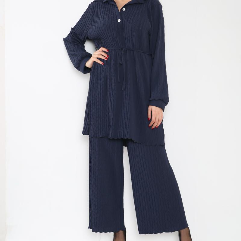 Two Piece Coord Pleated Set - Collared 3 Buttons Full Pleated Set 5
