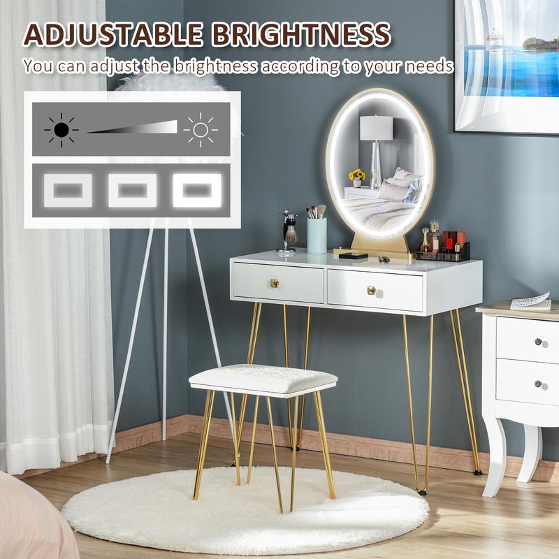 HOMCOM Dressing Table Set with LED Light, Round Mirror, Vanity Makeup Table with 2 Drawers and Cushioned Stool for Bedroom, White 4
