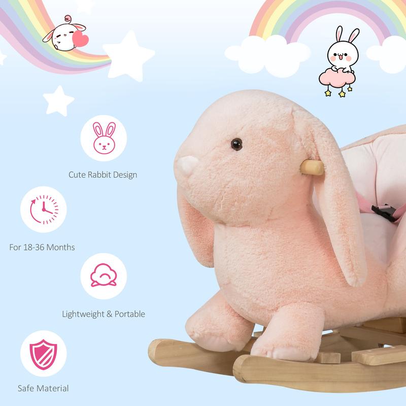 HOMCOM Kids Children Rocking Horse Plush Ride On Rabbit Seat w/ Sound Wood Base Seat Safety Belt Toddler Baby Toy Rocker Pink 18 - 36 Months 5
