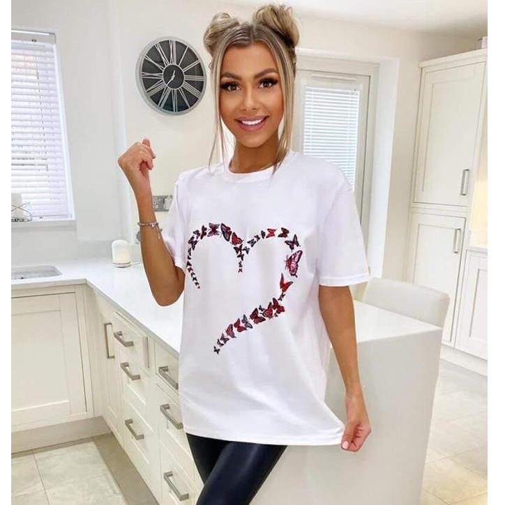Women's Oversized Love Heart Butterfly Print T-Shirt Ladies Shortsleeve Round Neck T-Shirt Tee Top 2