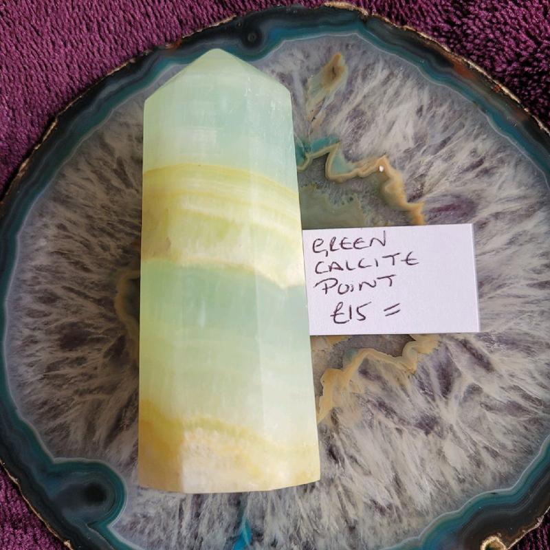 Green Calcite Gemstone Point.  Please note these items are for sale in my shop also. Every effort will be made to supply the crystal in the picture . if not one of equal or more size will be given 1