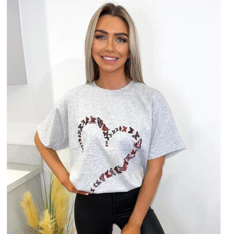 Women's Oversized Love Heart Butterfly Print T-Shirt Ladies Shortsleeve Round Neck T-Shirt Tee Top 1