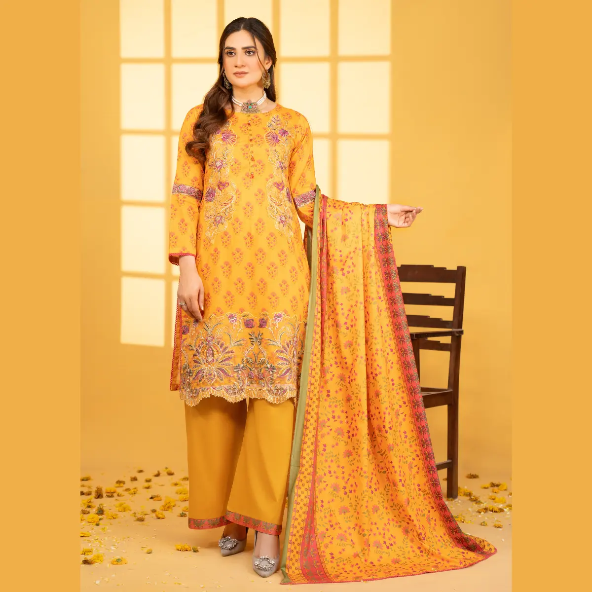 LD-MSL-02 - Ready to Wear 3 Piece Digital Printed & Embroidered Lawn Suit with Lawn Dupatta and Dyed Palazzo (Embroidery Patches used)