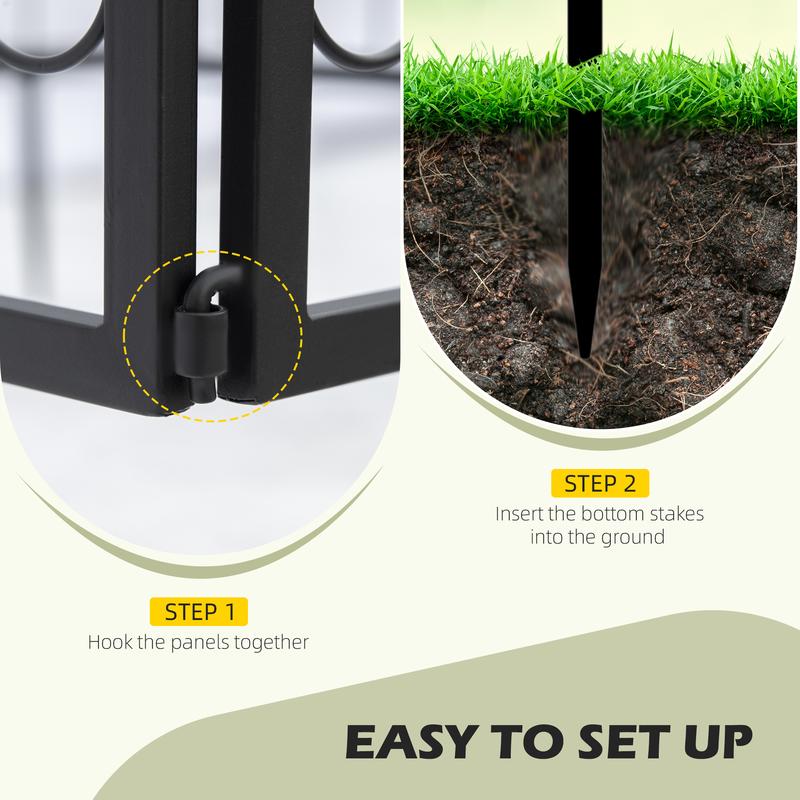 Outsunny Decorative Garden Fencing, 4PCs Outdoor Picket Fence Panels, Rustproof Metal Wire Landscape Flower Bed Border Edging Animal Barrier, Black 3