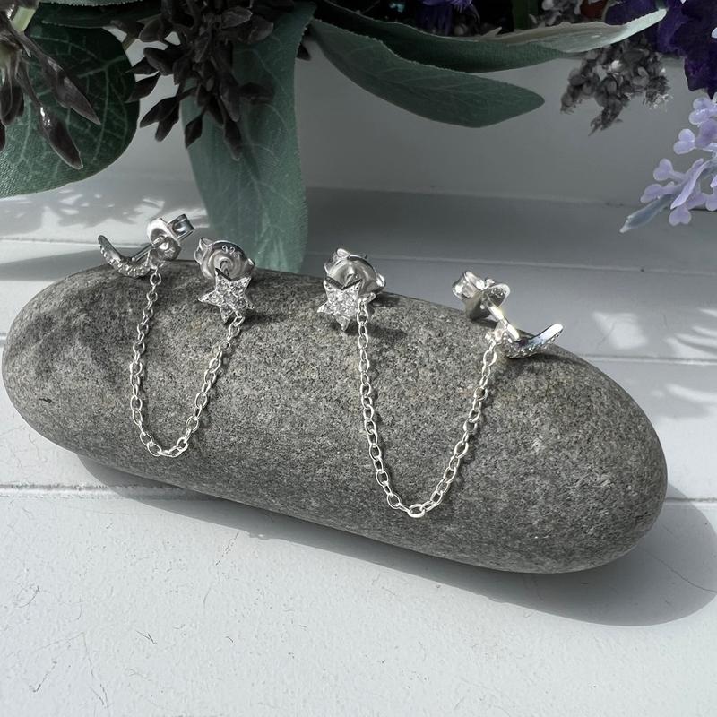 Sterling Silver Star & Moon Chain Studs with Cubic Zirconia - Gold Or Silver 4