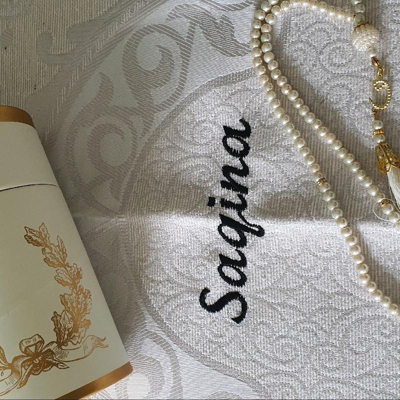Personalising Travel Prayer mat 69x120cm with pearl Tashbih and Cream color paper box comes with. personalised prayermat 7