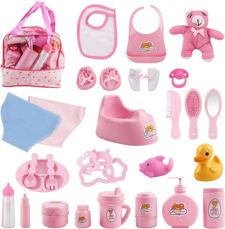 deAO Nurturing Pretend  28pcs Baby Doll Accessories Set With Bag – Baby Care, Feeding & Bath Toy Kit with Clothes, Pacifier & Dummy – Role Play Gift for Girls & Boys 1
